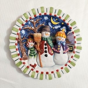 Snowman Wall Plate 3D Winter Night Sky Hangable Snowmen Broom